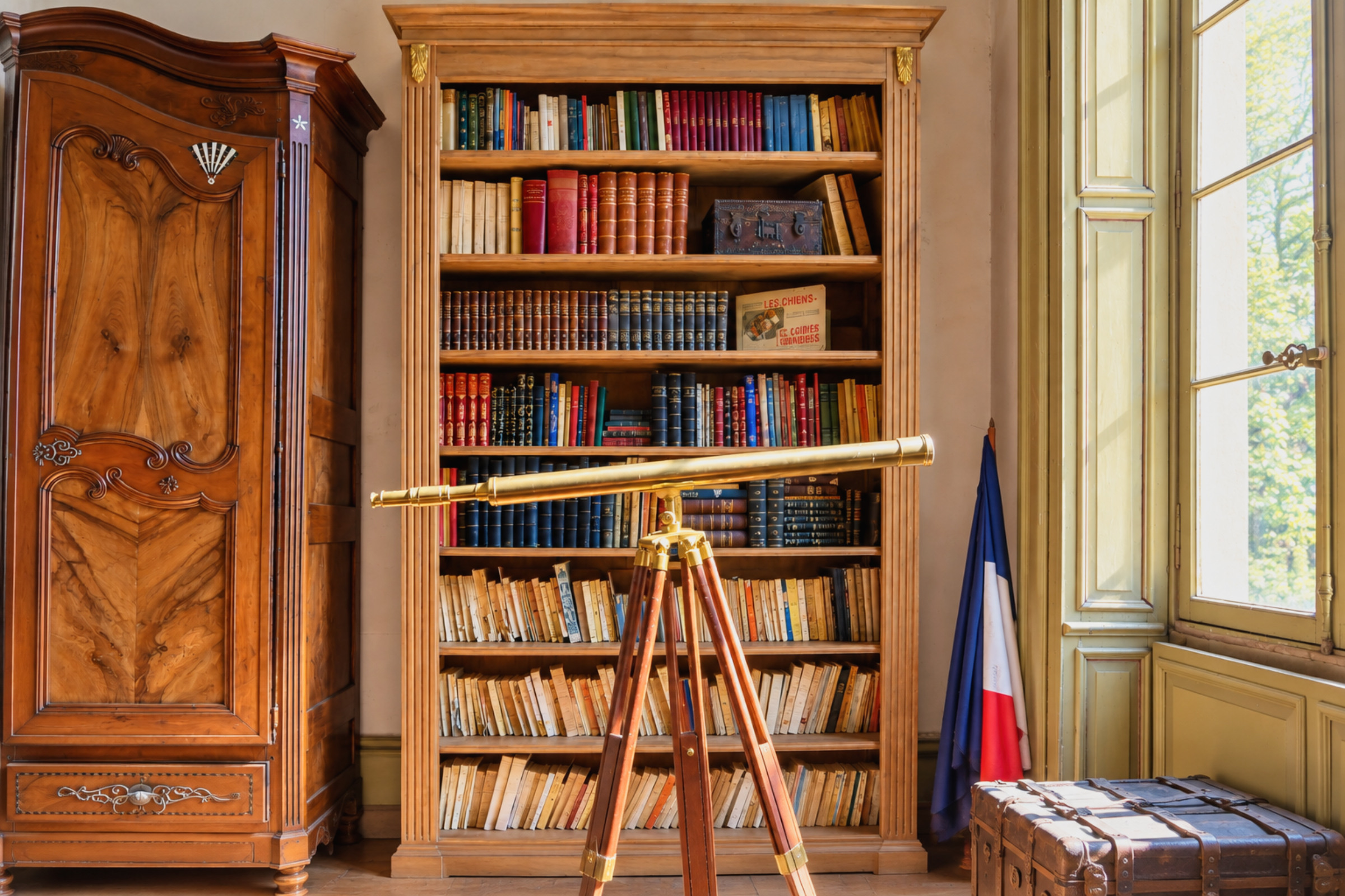 Bibliothèque ancienne au télescope en laiton