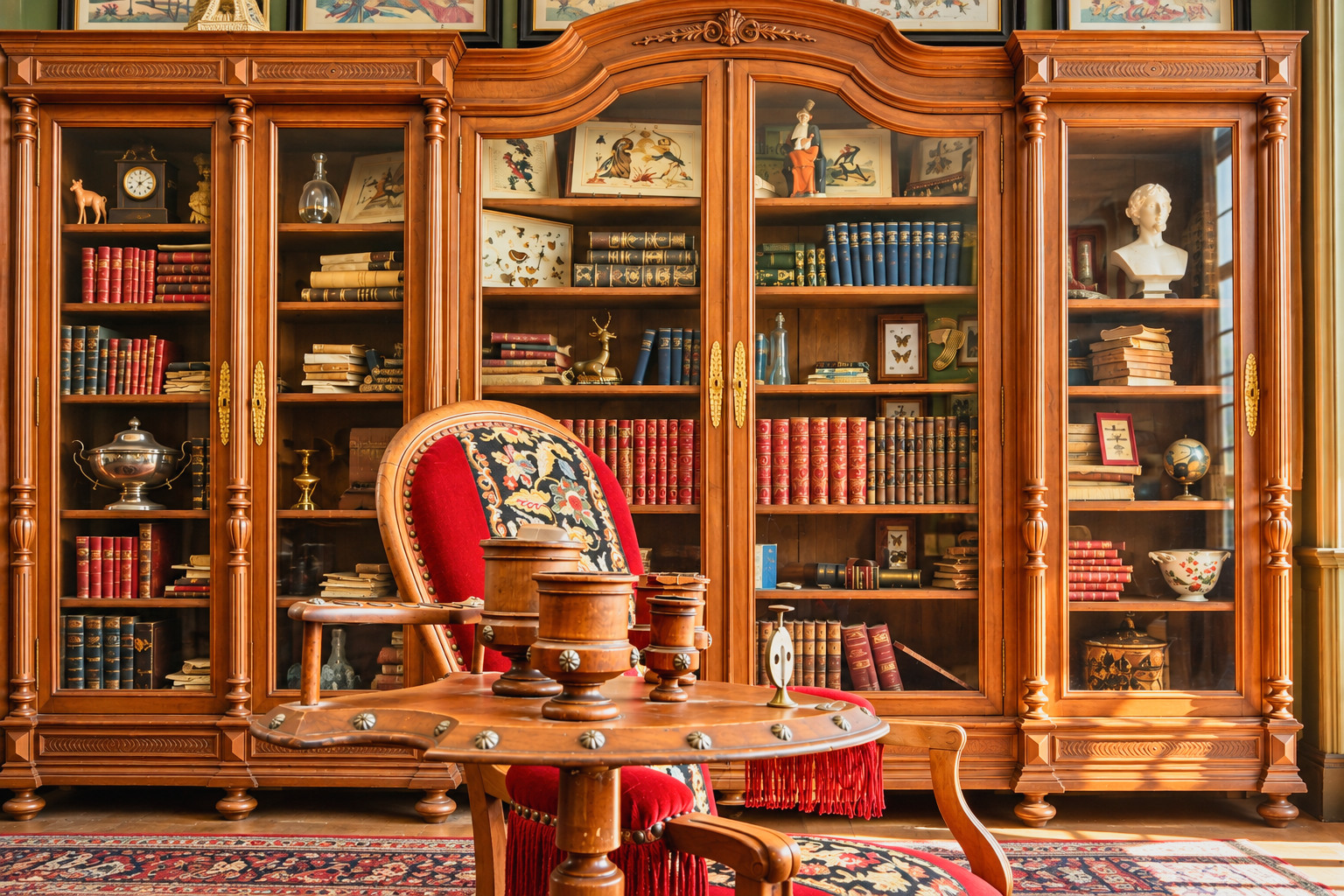 Bibliothèque ancienne baignée de lumière dorée