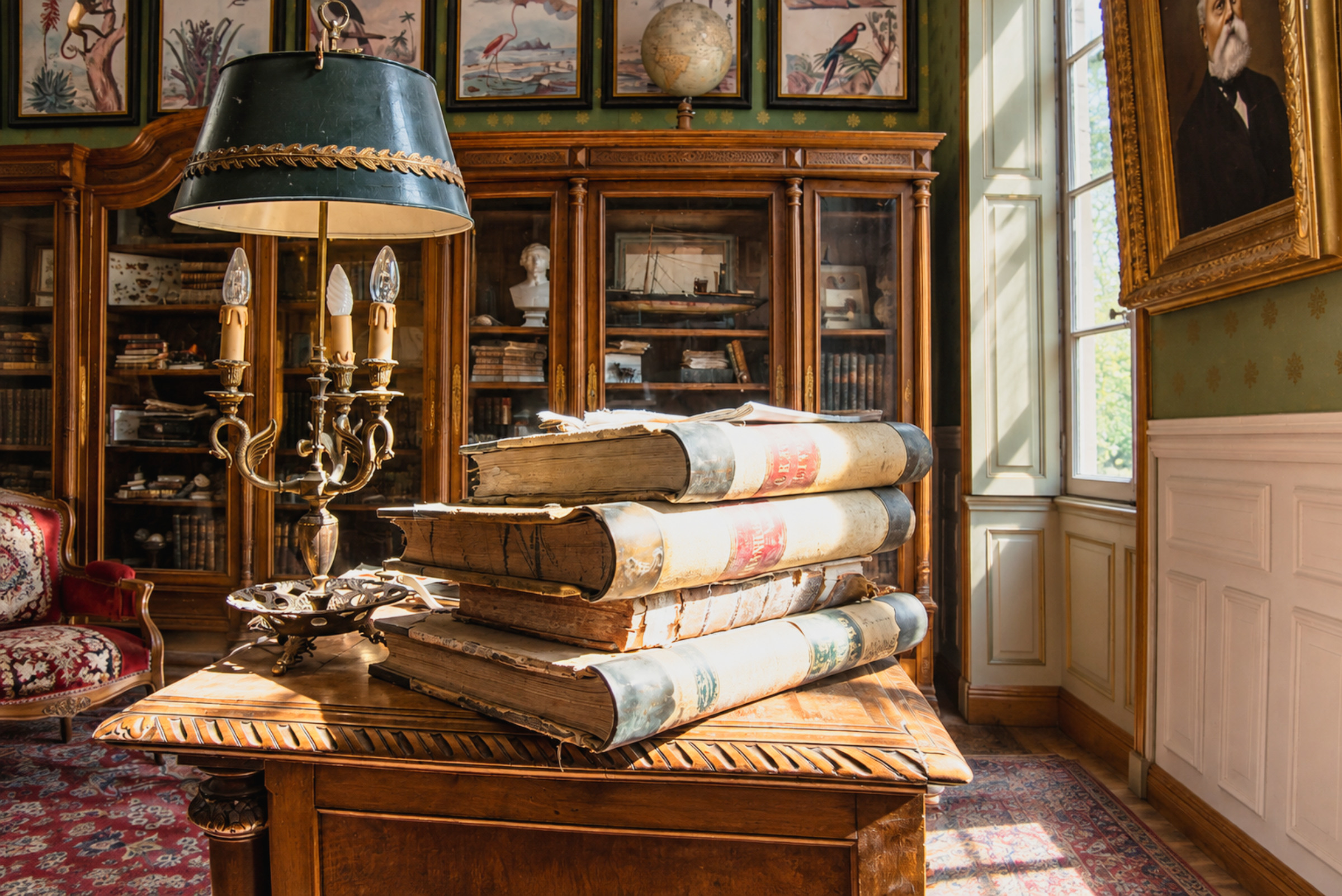 Bibliothèque ancienne baignée de lumière