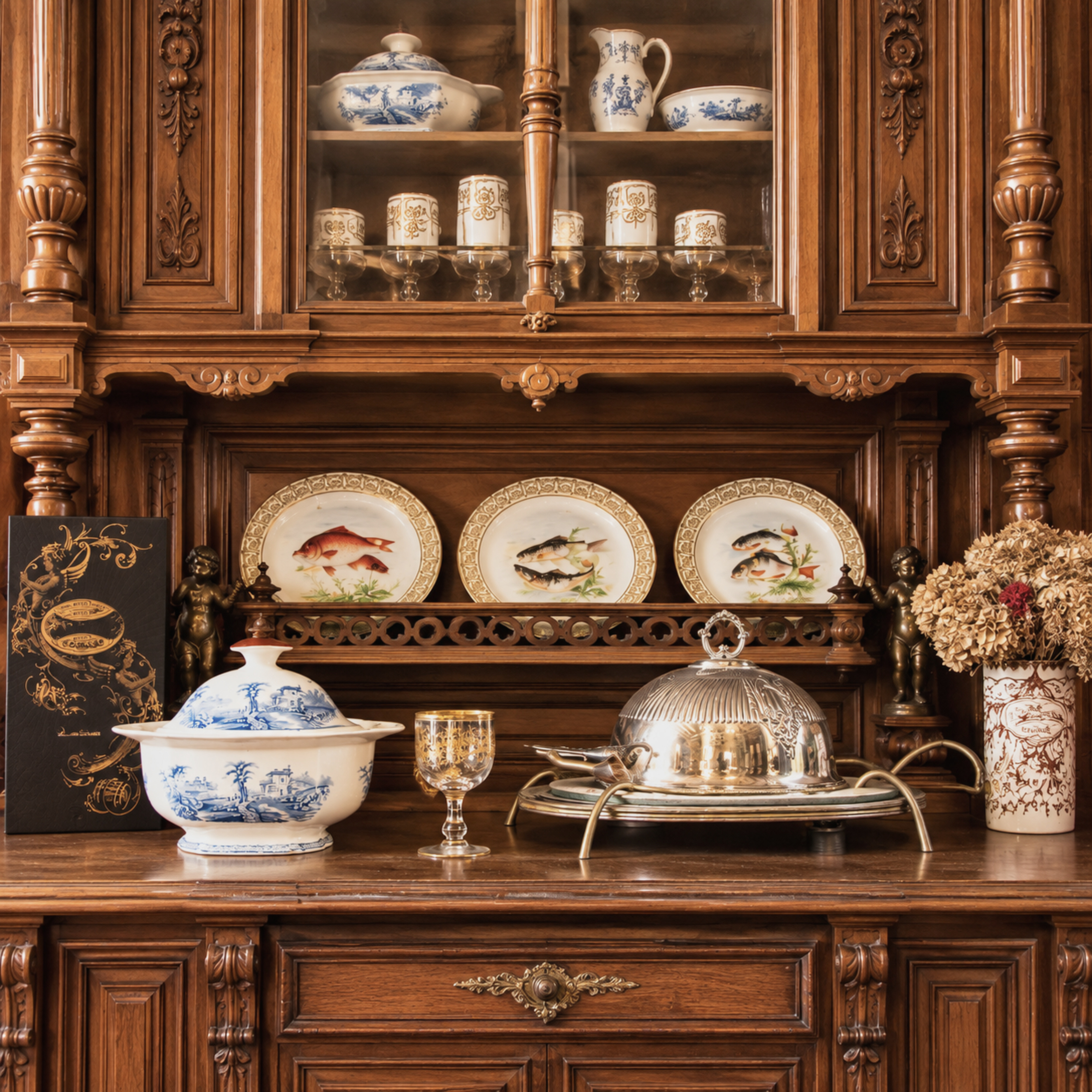 Buffet ancien aux porcelaines et objets d’art