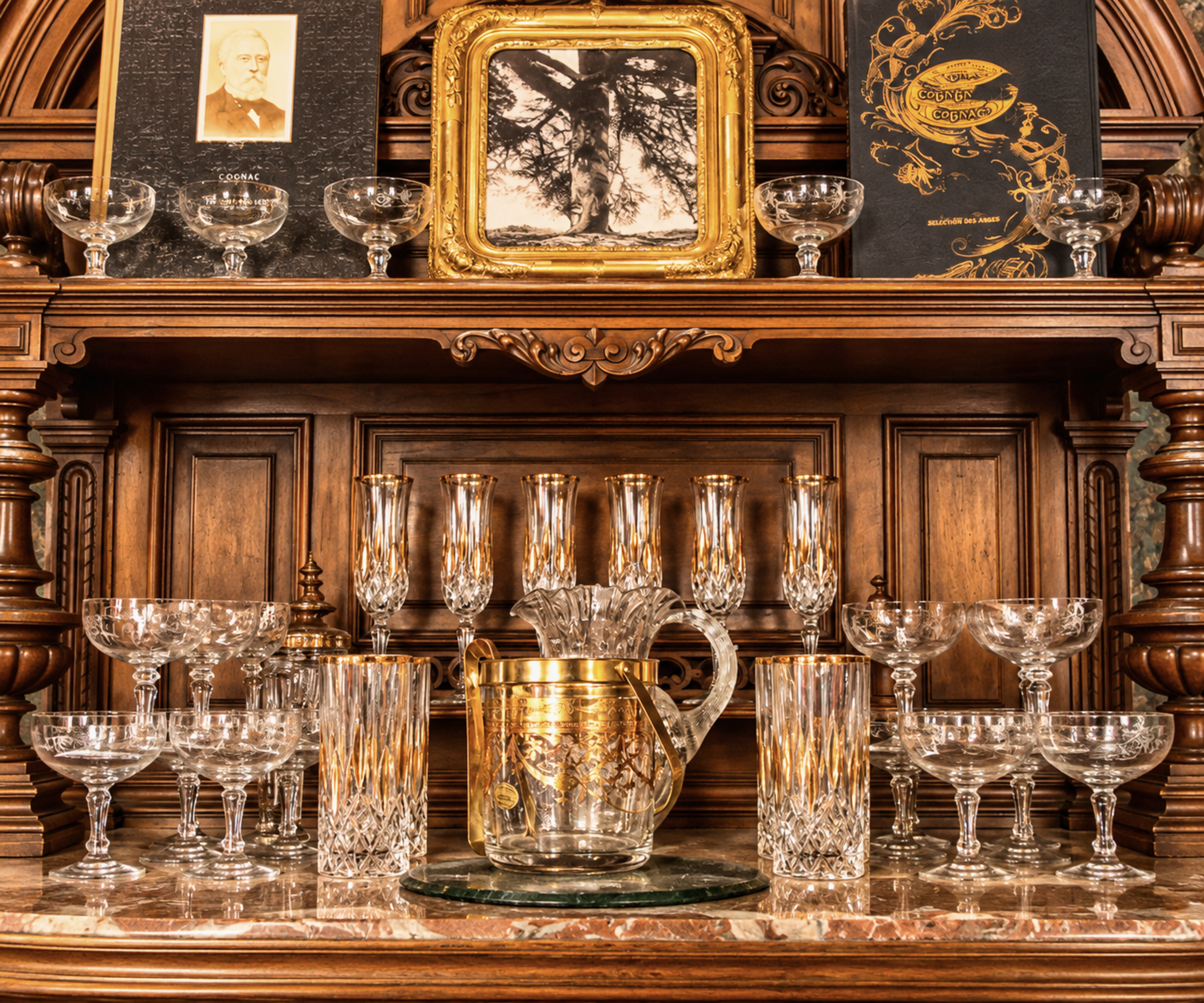 Buffet ancien et verrerie en cristal