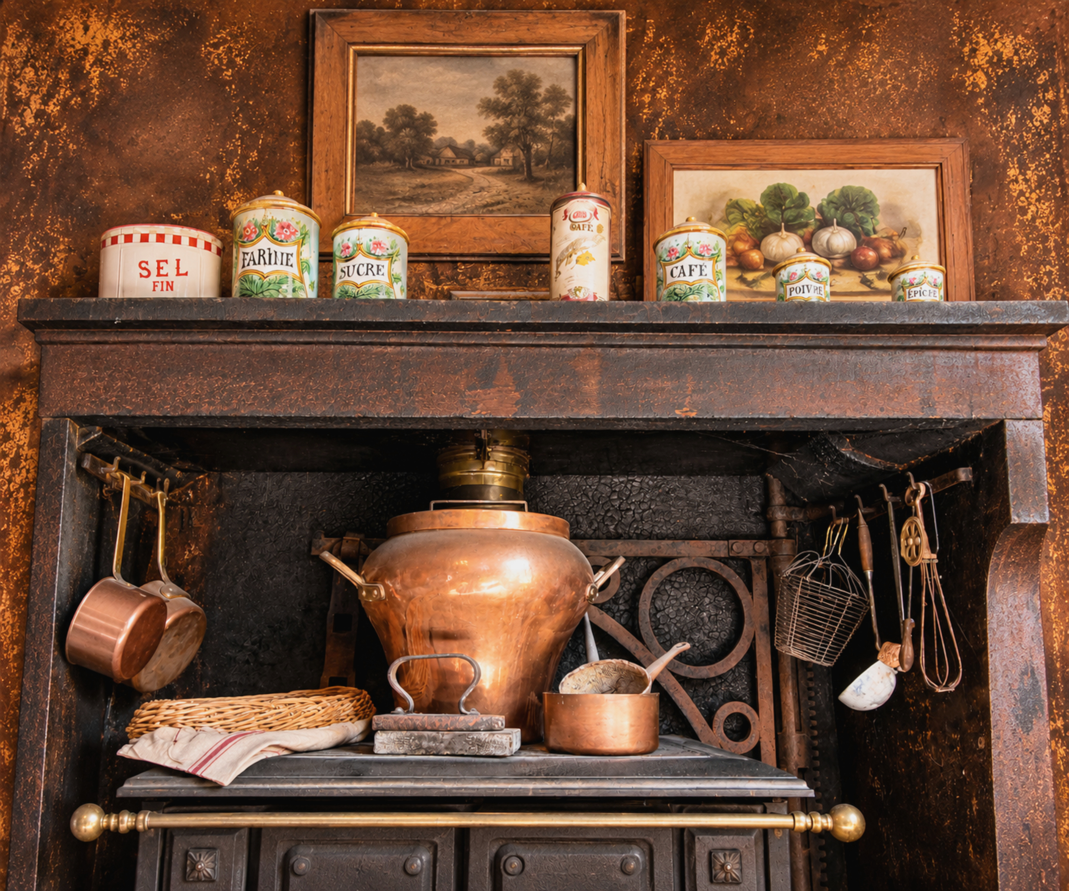 Cette cuisine figée par le temps, le cuivre patiné, les vieux ustensiles et les boîtes d’épicerie racontent une époque où chaque objet avait sa place et son histoire