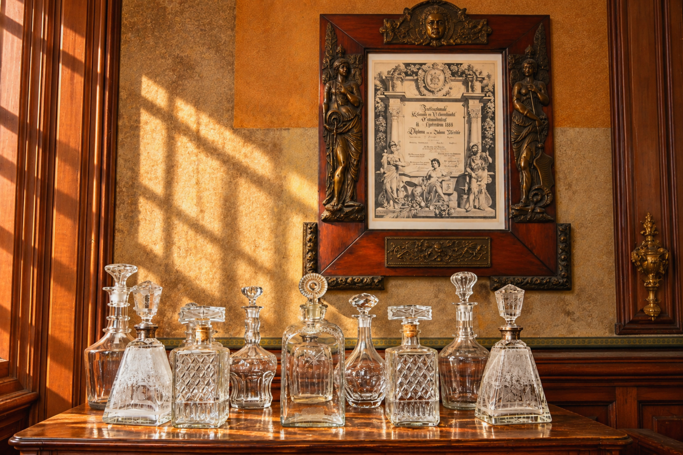 Diplôme ancien et carafes en cristal