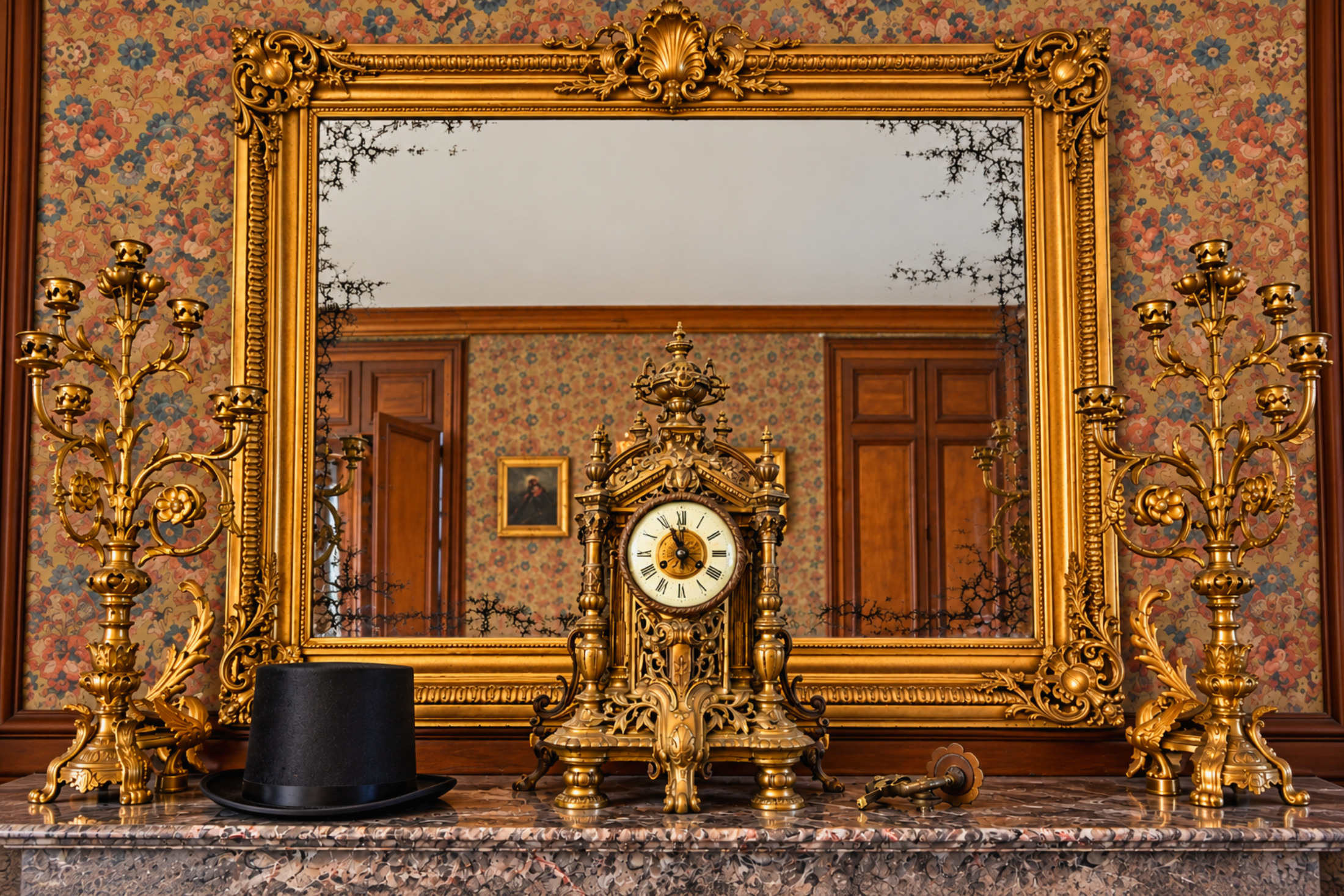 Miroir doré et horloge rococo sur marbre