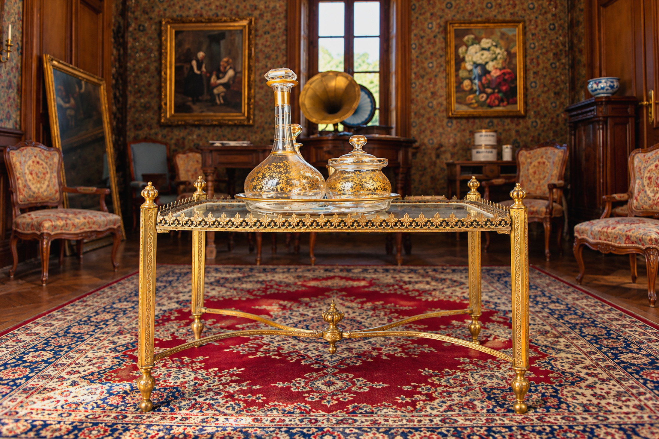 Salon ancien et table de service dorée