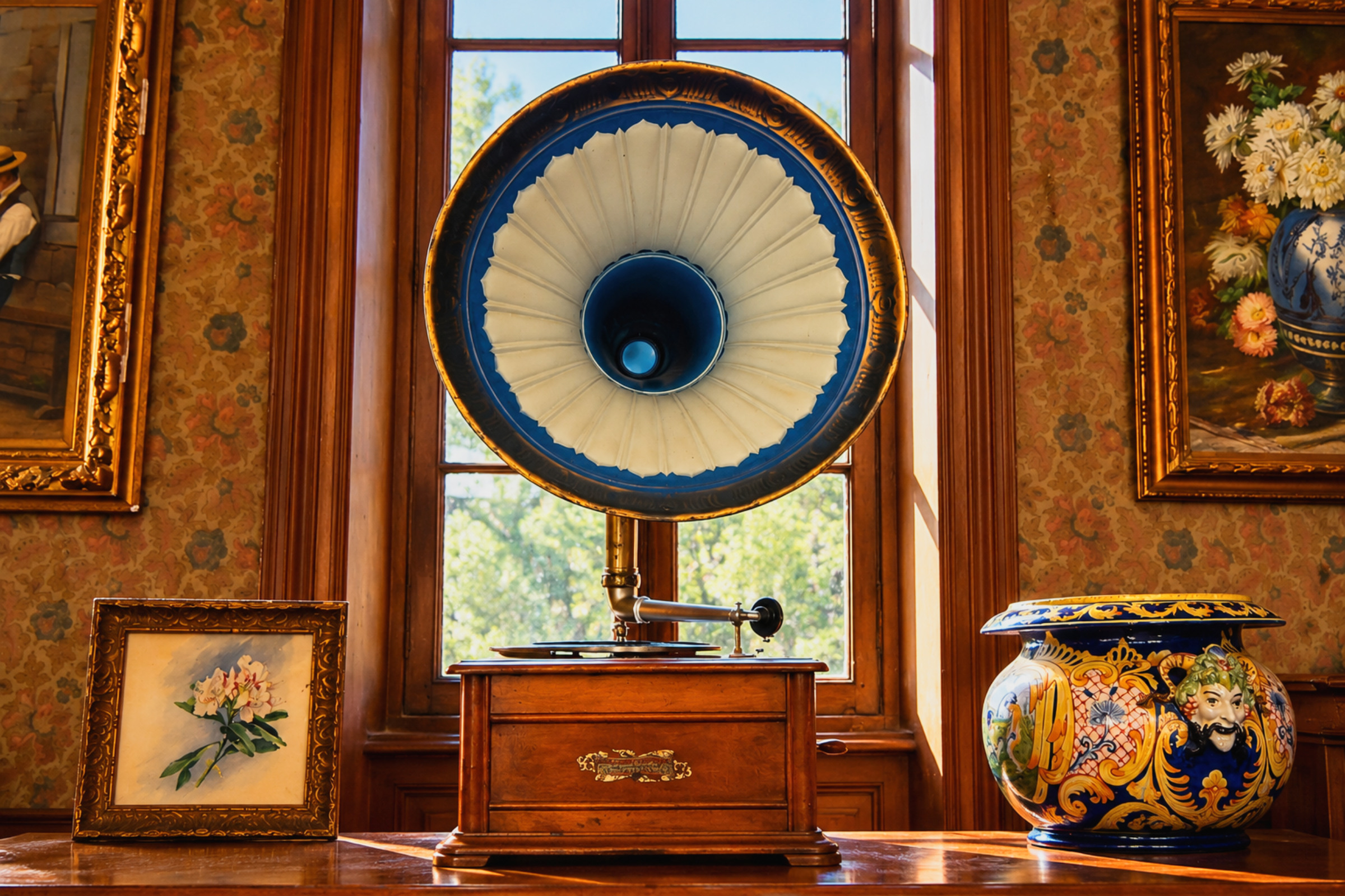 Un gramophone antique à pavillon, joliment entouré d'objets d'art et de faïences de collection