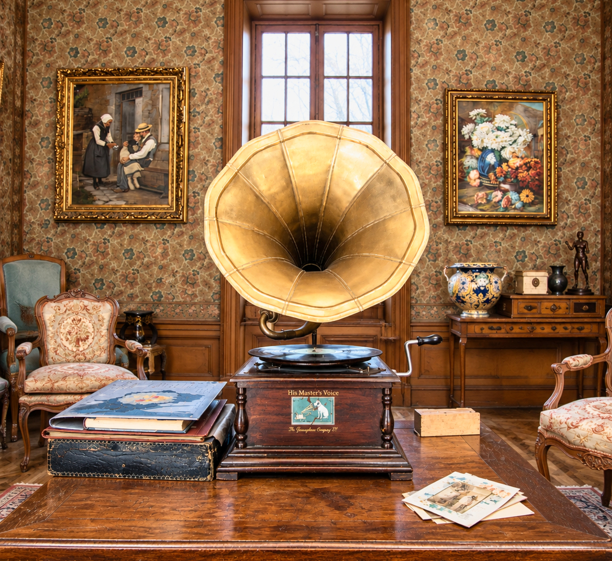 Visite d'un Manoir, un gramophone dans un salon victorien intemporel