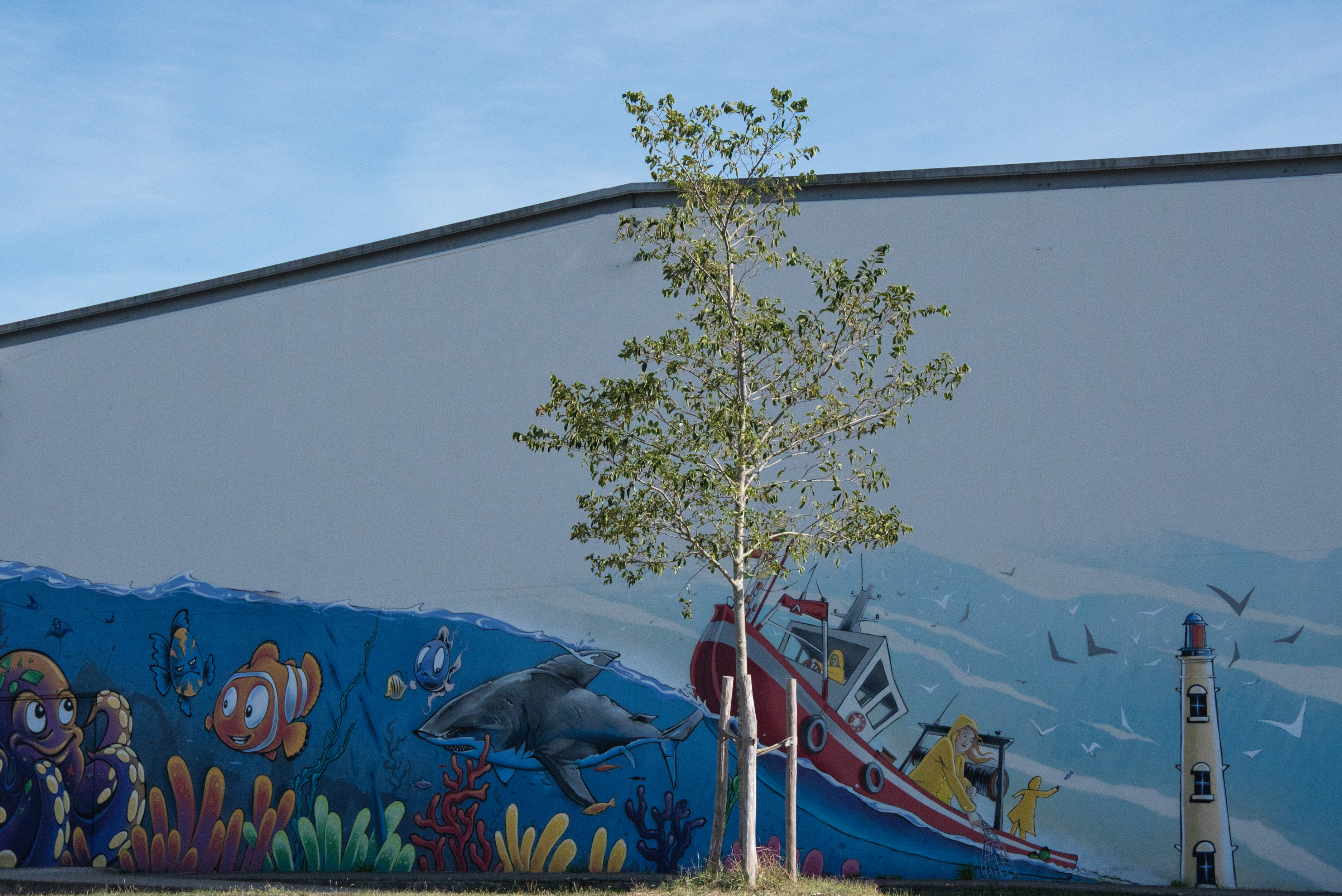 Réalisée en juillet 2022, cette fresque monumentale est le fruit d'une collaboration artistique entre les services techniques de la ville de Saujon , l'artiste Rémy Bluteau (1)