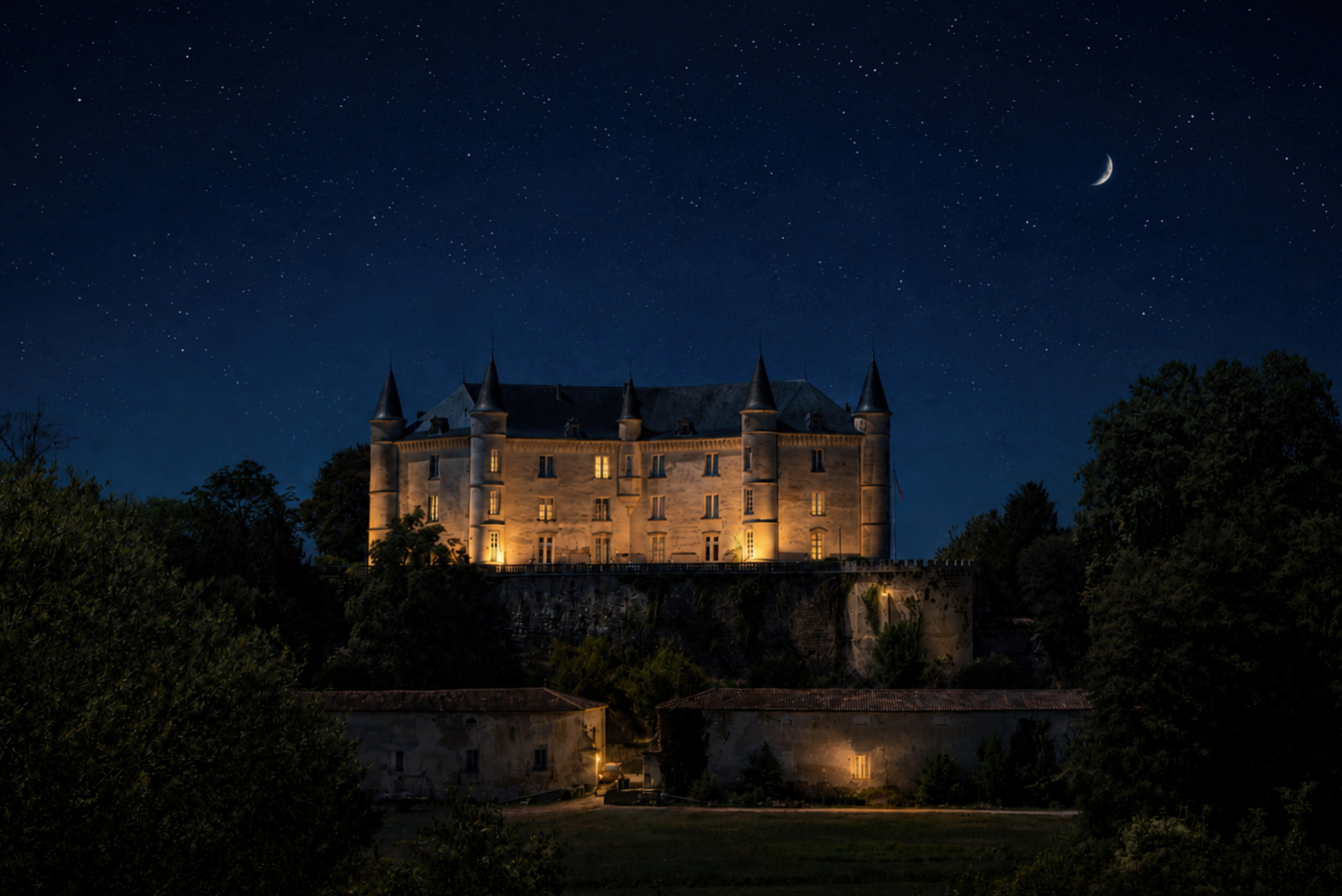 Le Château de Rochandry érigé sur un éperon rocheux à Mouthiers sur Boëme sous les étoiles