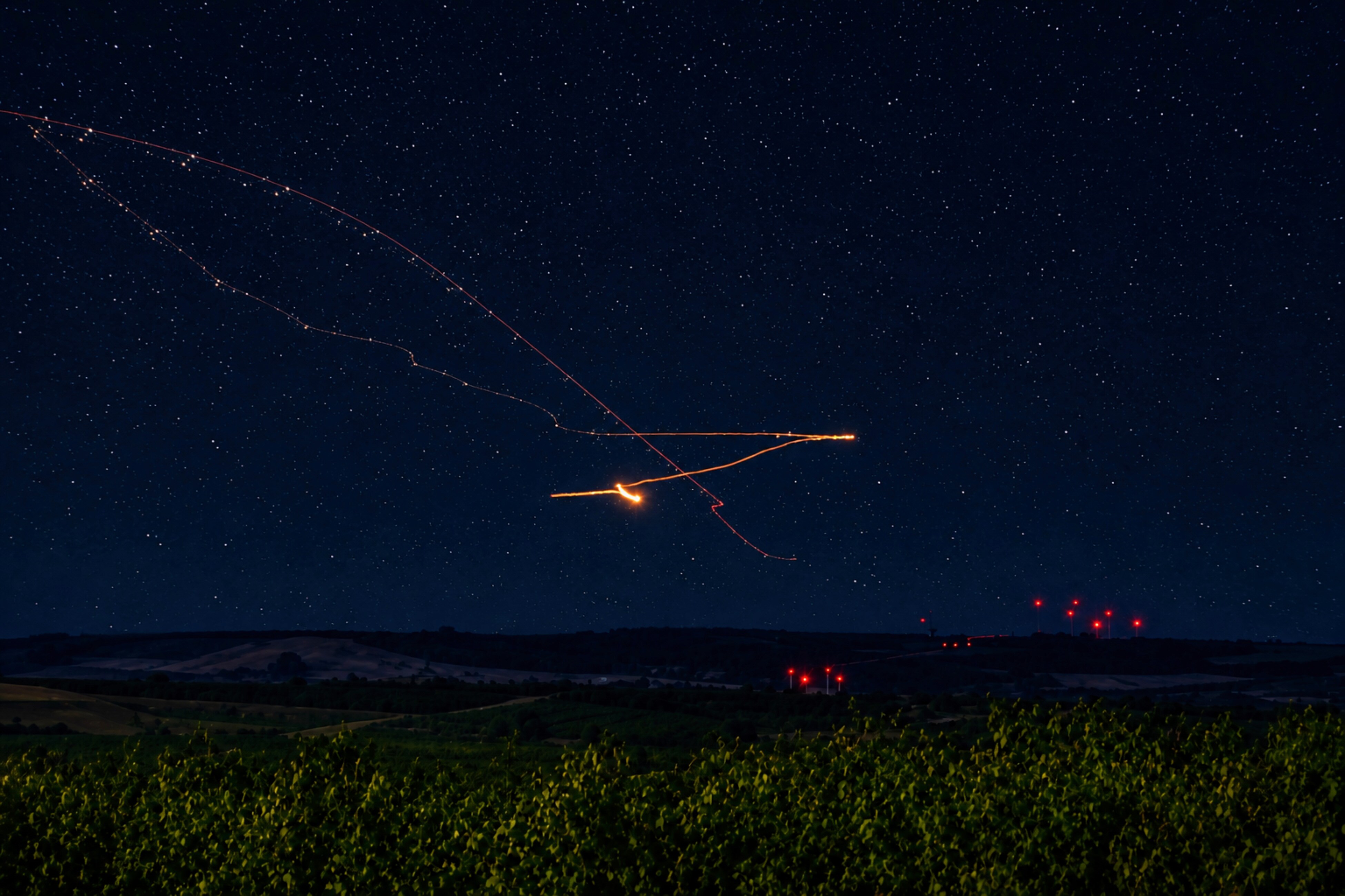 Vignes étoilées et traînées lumineuses des Pilatus PC 21 au dessus de la Base aérienne 709 Cognac Châteaubernard (1)