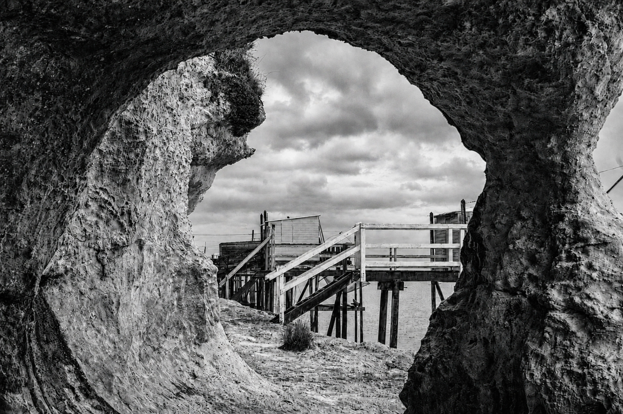Falaises côtières et carrelets en monochrome